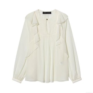 Elegant Women's Creamy White Long Sleeve Chiffon Blouse With Ruffle Detail And Pleated Design Fashion Single-Breasted Solid Color Top For Spring Autumn Women's Clothing