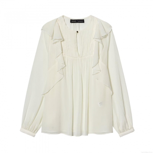 Elegant Women's Creamy White Long Sleeve Chiffon Blouse With Ruffle Detail And Pleated Design Fashion Single-Breasted Solid Color Top For Spring Autumn Women's Clothing