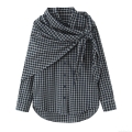 Women's Elegant Plaid Scarf Tie Cape Shirt Chic Long Sleeve Polyester Blouse Casual Single Breasted Checkered Top For Office Daily Wear