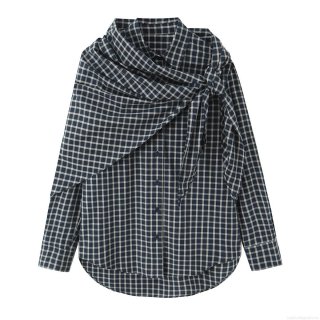 Women's Elegant Plaid Scarf Tie Cape Shirt Chic Long Sleeve Polyester Blouse Casual Single Breasted Checkered Top For Office Daily Wear