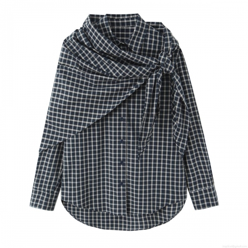Women's Elegant Plaid Scarf Tie Cape Shirt Chic Long Sleeve Polyester Blouse Casual Single Breasted Checkered Top For Office Daily Wear