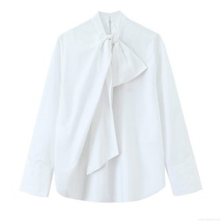 Women Elegant Bow Tie Neck White Blouse Long Sleeve Solid Color Polyester Shirt Office Commute Tops Sweet Casual Button Up Blouse For Women