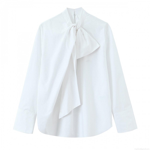 Women Elegant Bow Tie Neck White Blouse Long Sleeve Solid Color Polyester Shirt Office Commute Tops Sweet Casual Button Up Blouse For Women
