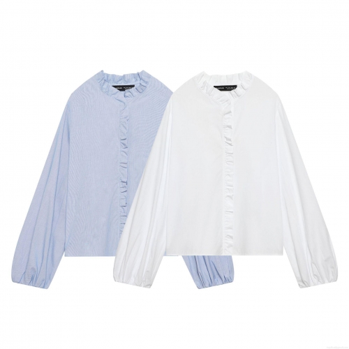 Women's Ruffle Stand Collar Shirt Elegant Striped Solid Long Sleeve Lantern Sleeve Poplin Blouse Office Casual Top For Lady