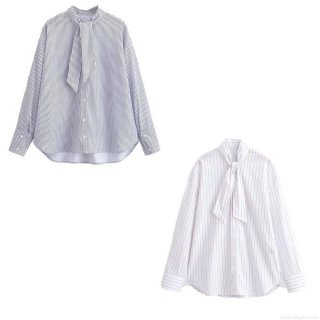 Women Elegant Striped Pussy-Bow Tie Neck Long Sleeve Blouse Shirt Casual Office Work Top Polyester Striped Button Down Shirt For Ladies Spring Autumn Fashion