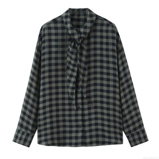 Women's Fashion Plaid Long Sleeve Tie Neck Blouse Elegant Button Down Polyester Shirt For Office Daily Wear Casual Spring Autumn Tops