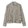 Women Striped Long Sleeve Button Up Blouse Retro Brown White Vertical Striped Polyester Top With Epaulets Casual Lapel Collar Shirt For Women Daily