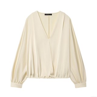 Women's Elegant Satin Blouse Deep V-Neck Wrap Front Long Sleeve Pullover Shirt Solid Color Silky Texture Commuter Top For Ladies Office Daily Wear