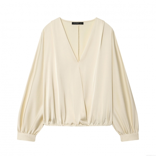 Women's Elegant Satin Blouse Deep V-Neck Wrap Front Long Sleeve Pullover Shirt Solid Color Silky Texture Commuter Top For Ladies Office Daily Wear