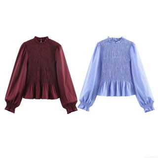 Women Vintage Smocked Blouse Ruffle Mock Neck Long Sleeve Lantern Sleeve Striped Solid Color Polyester Shirt For Daily Party Elegant Top