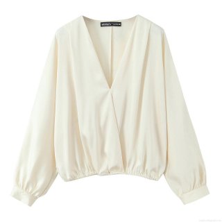 Elegant Satin V-Neck Blouse For Women Solid Color Long Sleeve Button Up Shirt Office Work Chic Formal Tops