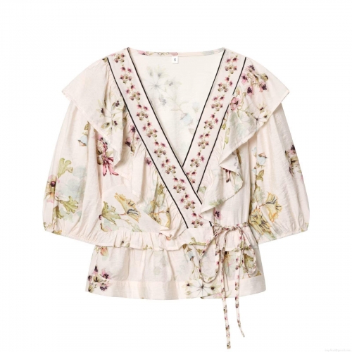 Women's Floral Print V Neck Ruffle Wrap Blouse Polyester Cotton Blend Short Puff Sleeve Tie Waist Top For Casual Summer Vacation Lady