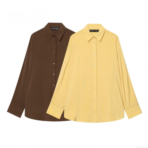 Women's Elegant Solid Color Long Sleeve Cupro Cotton Blouse Classic Lapel Button Down Shirt For Daily Office Casual Wear Stylish Fashion Poplin Tops