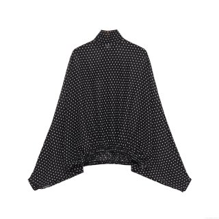 Women's Elegant Polka Dot Chiffon Blouse Fashion Mock Neck Batwing Sleeve Pullover Top With Elastic Hem Long Sleeve Shirt For Ladies