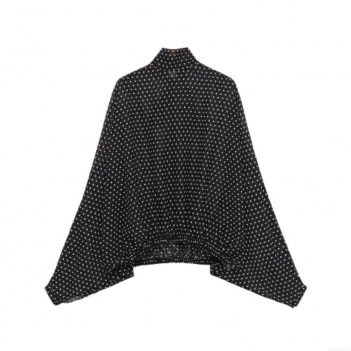 Women's Elegant Polka Dot Chiffon Blouse Fashion Mock Neck Batwing Sleeve Pullover Top With Elastic Hem Long Sleeve Shirt For Ladies