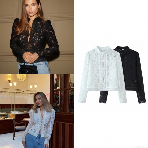 Women's Vintage Lace Blouse Stand Collar Chinese Frog Button Hollow Out Long Puff Sleeve Polyester Slim Fit Elegant Shirt Top For Party Club Evening