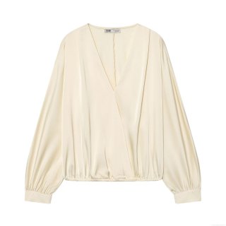 Elegant Satin Women's Blouse V-Neck Wrap Cross Over Long Sleeve Shirt Champagne Silky Smooth Lightweight Top For Casual Party Office Lady Fashion