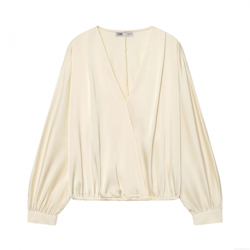 Elegant Satin Women's Blouse V-Neck Wrap Cross Over Long Sleeve Shirt Champagne Silky Smooth Lightweight Top For Casual Party Office Lady Fashion