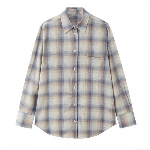 Women's Casual Plaid Long Sleeve Shirt Polyester Blend Button Down Blouse With Pocket Vintage Checkered Tops For Spring Autumn Office Streetwear