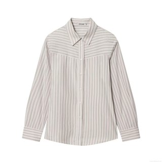 Women's Casual Striped Long Sleeve Shirt With Shoulder Pads Fashion Office Poplin Button Down Blouse Polyester Cotton Blend Regular Fit Tops For Women