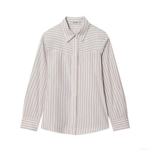 Women's Casual Striped Long Sleeve Shirt With Shoulder Pads Fashion Office Poplin Button Down Blouse Polyester Cotton Blend Regular Fit Tops For Women