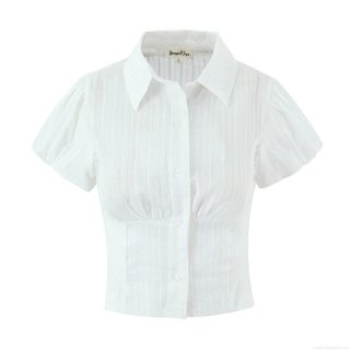 Women's Puff Short Sleeve Jacquard Textured Polo Shirt Elegant Slim Fit Single Breasted Striped White Blouse Summer Top For Dating Party