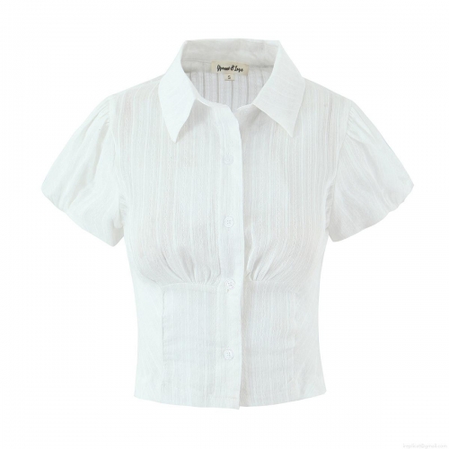 Women's Puff Short Sleeve Jacquard Textured Polo Shirt Elegant Slim Fit Single Breasted Striped White Blouse Summer Top For Dating Party