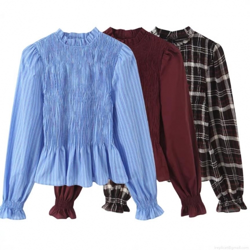 Women's Retro Long Sleeve Smocked Blouse Polyester Ruffle Neck Striped Plaid Wine Red Pullover Shirt Casual Top