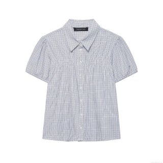 Women's Fashion Plaid Puff Sleeve Short Sleeve Shirt Elegant Lapel Button Up Smocking Poplin Blouse For Casual Commute