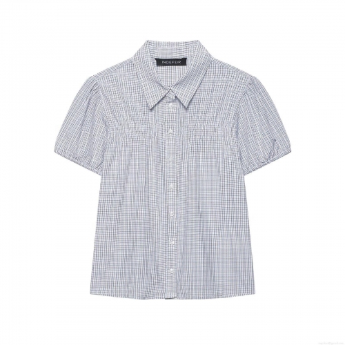 Women's Fashion Plaid Puff Sleeve Short Sleeve Shirt Elegant Lapel Button Up Smocking Poplin Blouse For Casual Commute