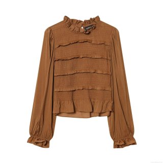 Women's Smocked Blouse Ruffle Trim Stand Collar Long Sleeve Cotton Blend Shirt Elegant Solid Color Slim Fit Pullover Top For Party Daily Dating