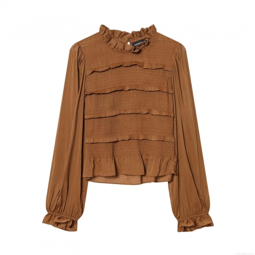 Women's Smocked Blouse Ruffle Trim Stand Collar Long Sleeve Cotton Blend Shirt Elegant Solid Color Slim Fit Pullover Top For Party Daily Dating