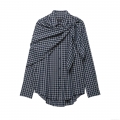 Women's Chic Plaid Long Sleeve Shirt With Asymmetric Tied Pleated Shawl Elegant Button Down Blouse For Office Daily Lady Tops