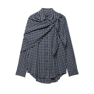 Women's Chic Plaid Long Sleeve Shirt With Asymmetric Tied Pleated Shawl Elegant Button Down Blouse For Office Daily Lady Tops