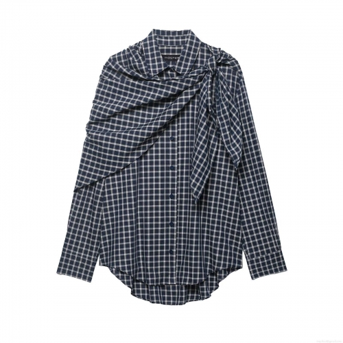 Women's Chic Plaid Long Sleeve Shirt With Asymmetric Tied Pleated Shawl Elegant Button Down Blouse For Office Daily Lady Tops