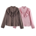 Women Fashion Striped Ruffle Trim Blouse Elegant Polyester Long Sleeve Stand Collar Shirt Casual Daily Party Ladies Lantern Sleeve Tops