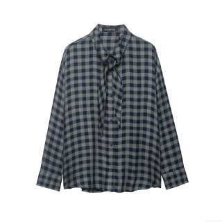 Women's Long Sleeve Plaid Blouse Bow Tie Neck Button Down Checkered Shirt Casual Polyester Blend Office Lady Tops