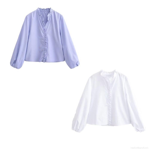 Women's Ruffle Stand Collar Poplin Shirt 100% Polyester Long Lantern Sleeve Single Breasted Elegant Commuter Blouse Sweet Solid Color Office Wear Top