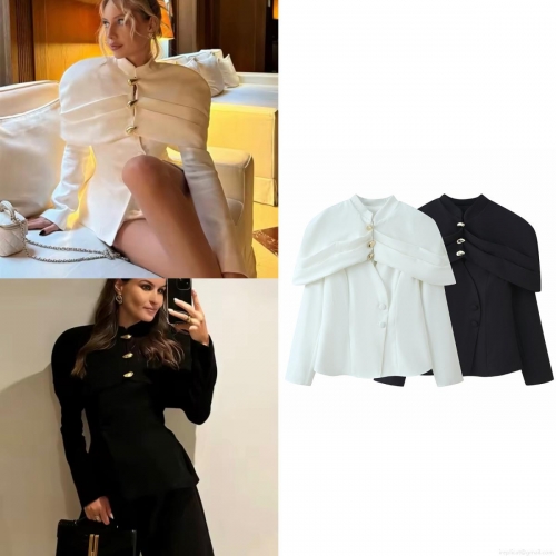 Women's Elegant Cape Design Top Polyester Long Sleeve Stand Collar Blouse With Gold Irregular Buttons Chic Office Wear Solid Color Shirt For Women