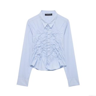 Women's Elegant Smocked Front Long Sleeve Blouse Solid Color Button Down Polyester Shirt Casual Slim Fit Office Streetwear Top