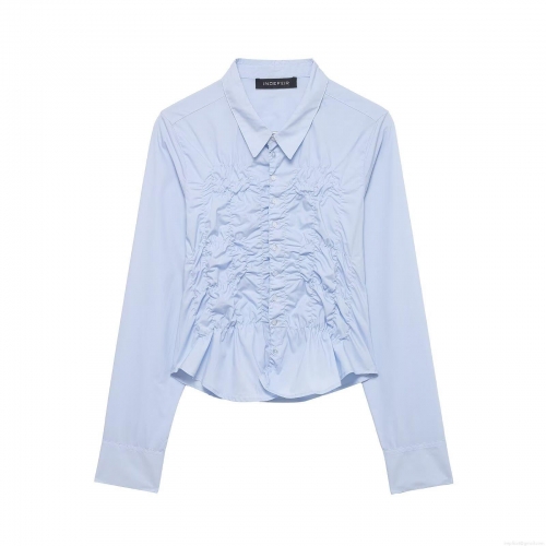 Women's Elegant Smocked Front Long Sleeve Blouse Solid Color Button Down Polyester Shirt Casual Slim Fit Office Streetwear Top