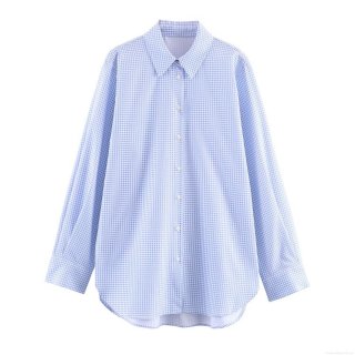 Women's Fashion Gingham Plaid Long Sleeve Shirt Casual Lapel Single Breasted Blouse With Curved Hem Light Blue White Top For Daily Wear