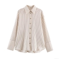 Women's Striped Loose Cuff Shirt Casual Long Sleeve Polyester Woven Blouse Elegant Button Up Fashion Top For Daily Office Travel Wear Women Clothing