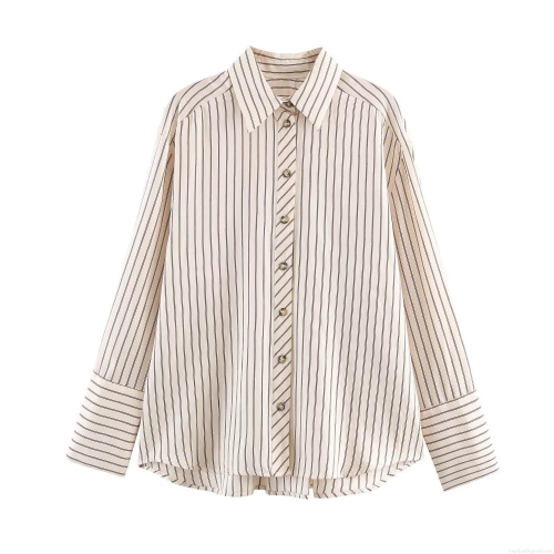 Women's Striped Loose Cuff Shirt Casual Long Sleeve Polyester Woven Blouse Elegant Button Up Fashion Top For Daily Office Travel Wear Women Clothing