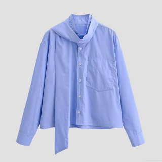 Women's Long Sleeve Shirt 100% Polyester Iron-free Scarf Tie Neck Blouse With Front Pocket Solid Color Sky Blue Elegant Tops For Office Daily Wear Casual Commute