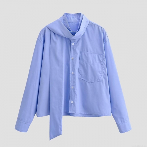 Women's Long Sleeve Shirt 100% Polyester Iron-free Scarf Tie Neck Blouse With Front Pocket Solid Color Sky Blue Elegant Tops For Office Daily Wear Casual Commute