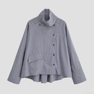 Women's Fashion Plaid Long Sleeve Shirt High Stand Collar Asymmetric Button Closure Single Pocket 100% Polyester Casual Blouse Elegant Retro Light Jacket Streetwear For Women