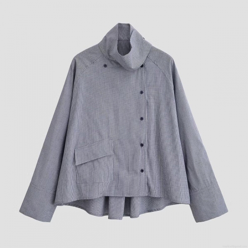 Women's Fashion Plaid Long Sleeve Shirt High Stand Collar Asymmetric Button Closure Single Pocket 100% Polyester Casual Blouse Elegant Retro Light Jacket Streetwear For Women
