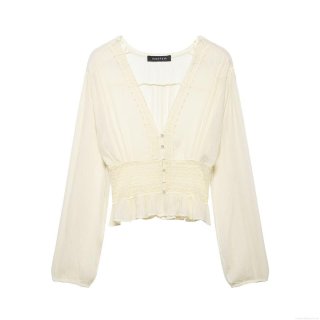 Women Elegant V Neck Lace Chiffon Blouse Long Sleeve Off White Button Down Ruffle Hem Shirt For Party Dating Vintage Style
