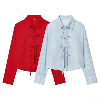 Women Fashion 100% Polyester Bow Tie Front Poplin Shirt Long Sleeve Striped Solid Color Blouse Casual Elegant Sweet Tops For Women